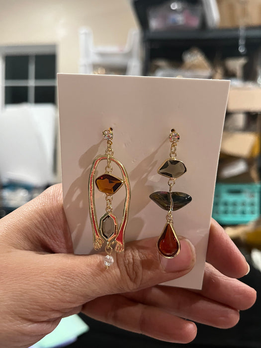 Long gold earrings , large gold earrings irregular mismatched ,chunky stone vintage style acrylic ,orange gold earrings long , statement