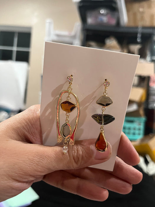 Long gold earrings , large gold earrings irregular mismatched ,chunky stone vintage style acrylic ,orange gold earrings long , statement