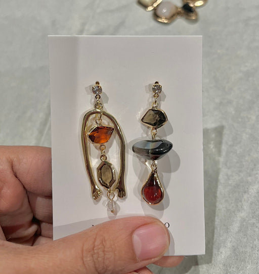 Chunky gold earrings , large gold chandelier earrings irregular mismatched , vintage style ,orange gray gold earrings long , statement