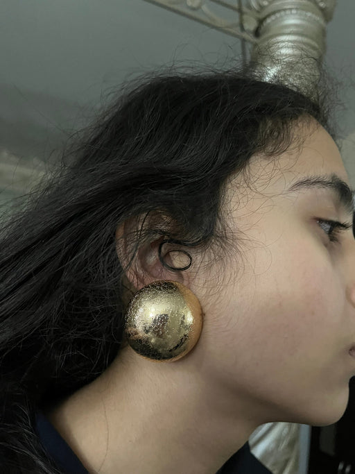 Big gold earrings clip ons , gold shiny studs large ,huge gold stud earring , dome ball round earrings , chunky gold statement clip on
