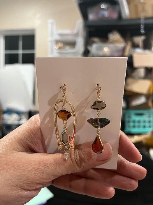Long gold earrings , large gold earrings irregular mismatched ,chunky stone vintage style acrylic ,orange gold earrings long , statement