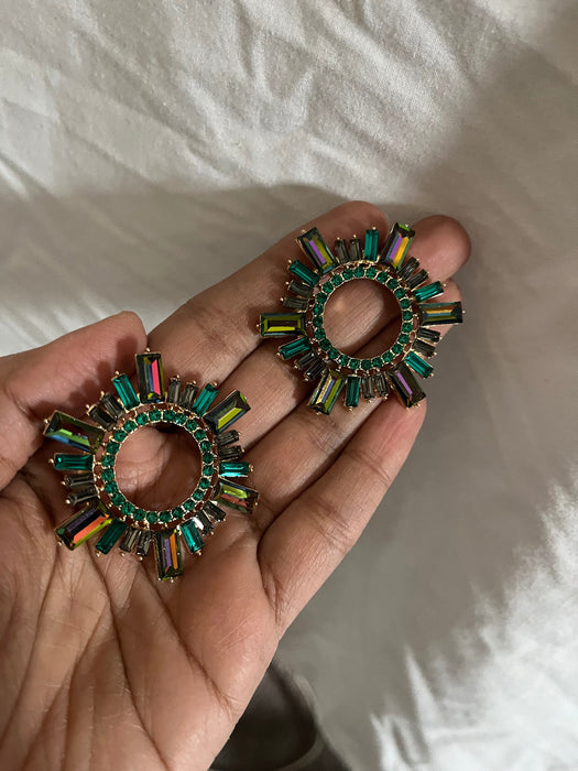 Large green earrings stud Sunburst crystal Rhinestone Round Crystal Pageant ab iridescent Vitrail studs big Earrings 1.75 inch