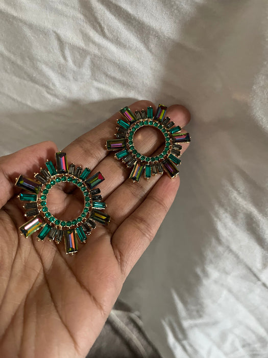 Large green earrings stud Sunburst crystal Rhinestone Round Crystal Pageant ab iridescent Vitrail studs big Earrings 1.75 inch