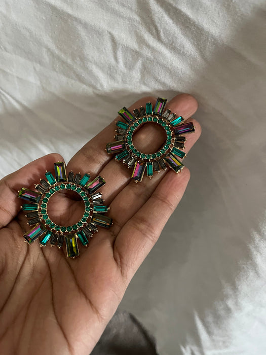 Large green earrings stud Sunburst crystal Rhinestone Round Crystal Pageant ab iridescent Vitrail studs big Earrings 1.75 inch