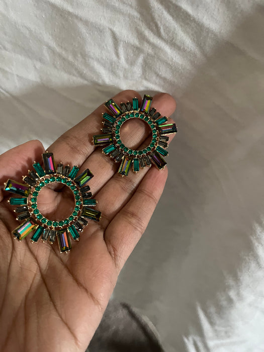 Large green earrings stud Sunburst crystal Rhinestone Round Crystal Pageant ab iridescent Vitrail studs big Earrings 1.75 inch