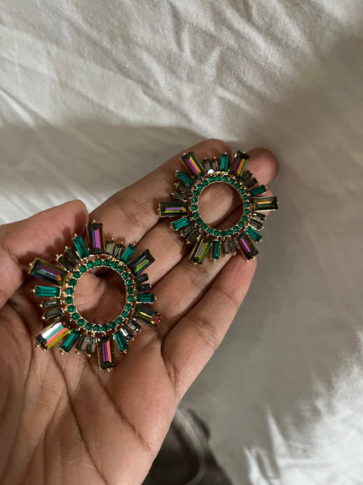 Large green earrings stud Sunburst crystal Rhinestone Round Crystal Pageant ab iridescent Vitrail studs big Earrings 1.75 inch