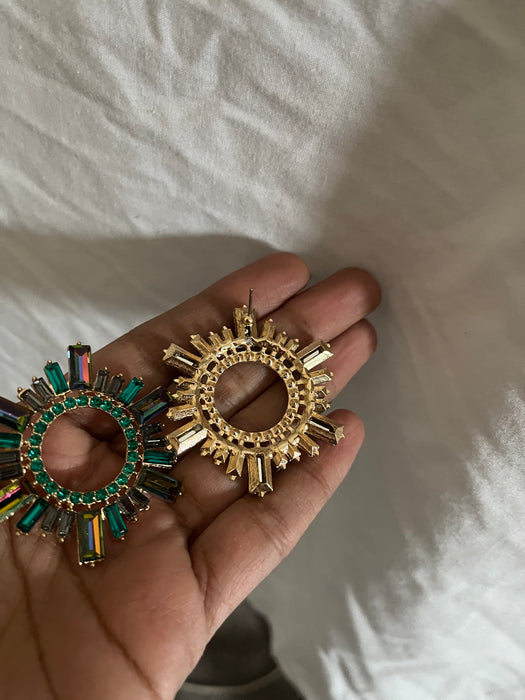 Large green earrings stud Sunburst crystal Rhinestone Round Crystal Pageant ab iridescent Vitrail studs big Earrings 1.75 inch