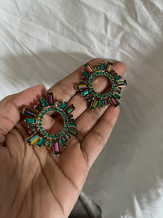 Large green earrings stud Sunburst crystal Rhinestone Round Crystal Pageant ab iridescent Vitrail studs big Earrings 1.75 inch