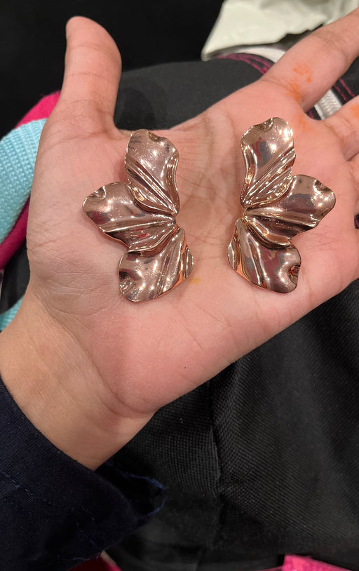 rose gold stud earrings ,big rose gold statement bold studs large , flower petal earrings , chunky metal shiny stud earrings