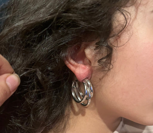 Chunky silver hoops , vintage style layered gold earring , chunky silver earring , geometric silver earring ,
