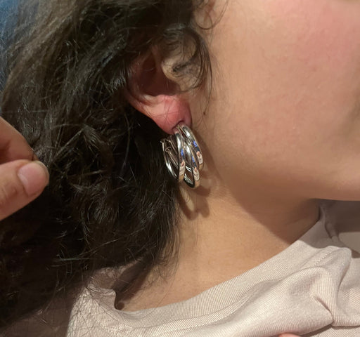 Chunky silver hoops , vintage style layered gold earring , chunky silver earring , geometric silver earring ,