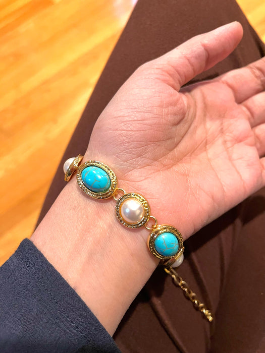 Golden bracelet, blue Vintage style bracelet , statement bracelet , gold bracelet , bracelet gold tone chunky