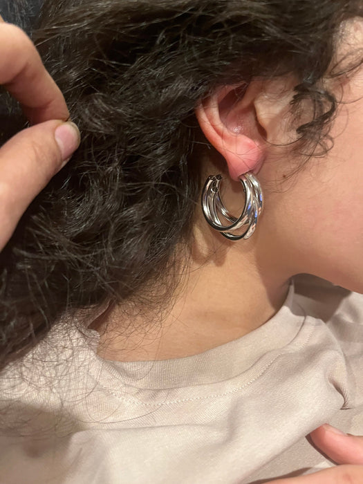 Chunky silver hoops , vintage style layered gold earring , chunky silver earring , geometric silver earring ,