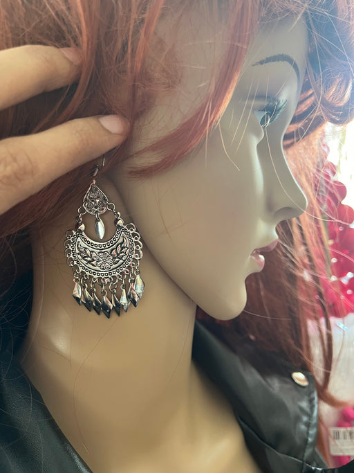 Long Silver earrings , silver black chandelier earrings , carved earrings , metal bohemian earring , boho earring chunky fish hook