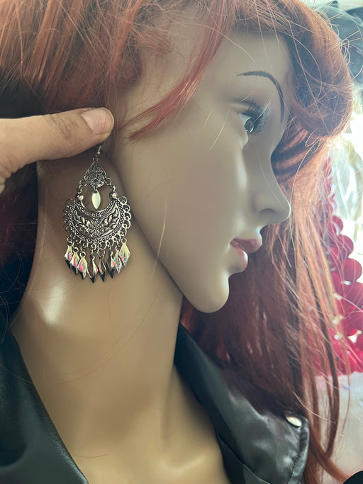 Long Silver earrings , silver black chandelier earrings , carved earrings , metal bohemian earring , boho earring chunky fish hook