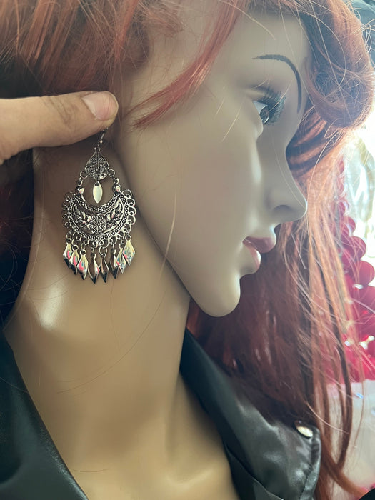Long Silver earrings , silver black chandelier earrings , carved earrings , metal bohemian earring , boho earring chunky fish hook